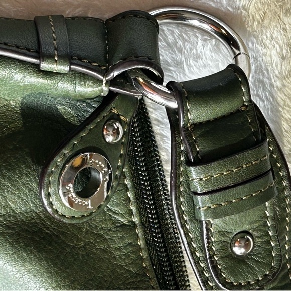 Tignanello Olive Green Leather Satchel Striped Colorful Lining 3 Zipper Pockets - Picture 6 of 11